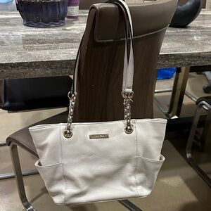 Calvin Klein Cream Leather Tote Bag with chain detail straps.